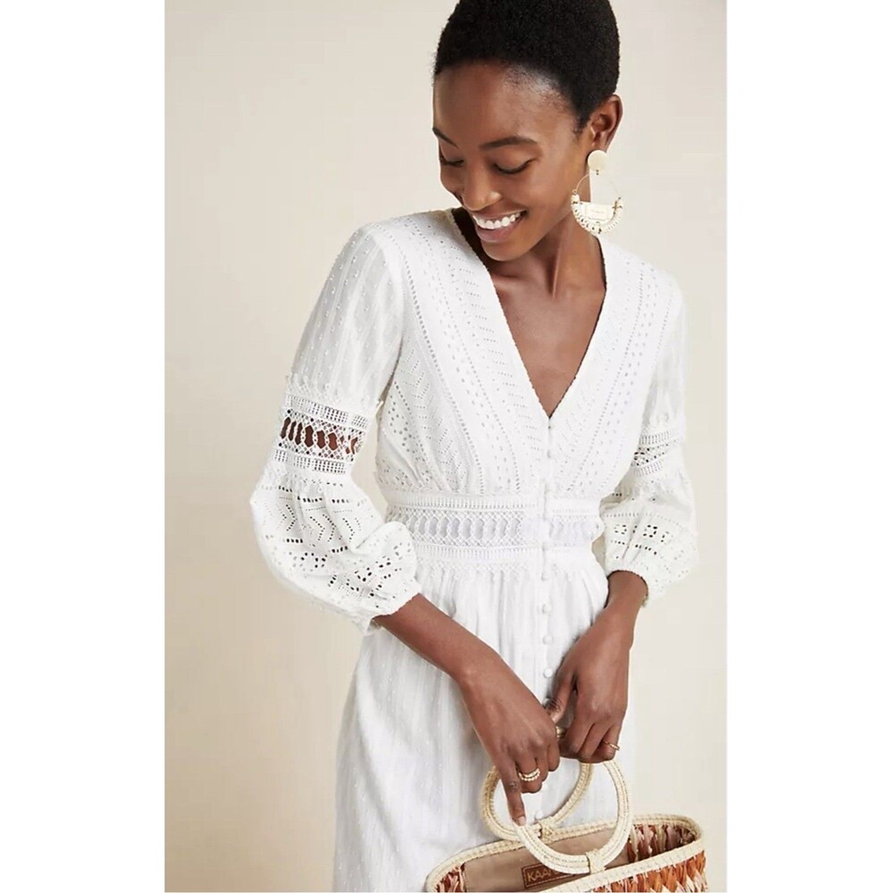 Anthropologie White Eyelet Button-Front Midi Dress